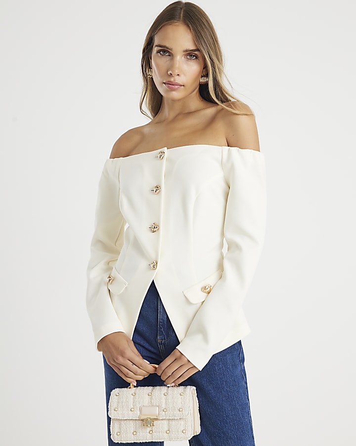 Cream Long Sleeve Bardot Button Top