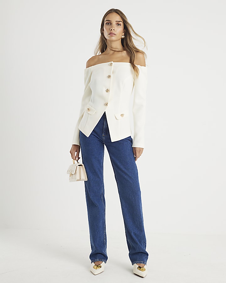 Cream Long Sleeve Bardot Button Top