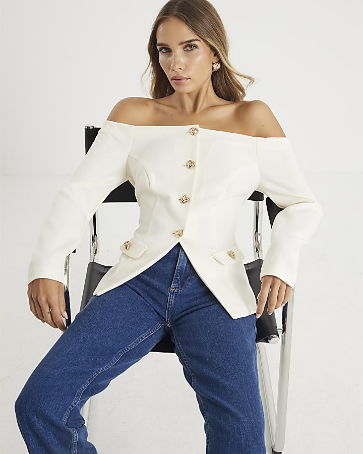 Cream Long Sleeve Bardot Button Top