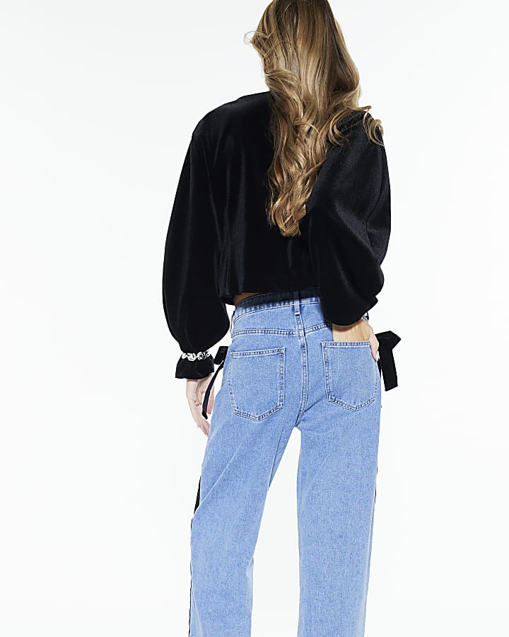 Blue Velvet Bow Relaxed Straight Jeans