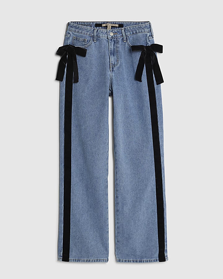 Blue Velvet Bow Relaxed Straight Jeans