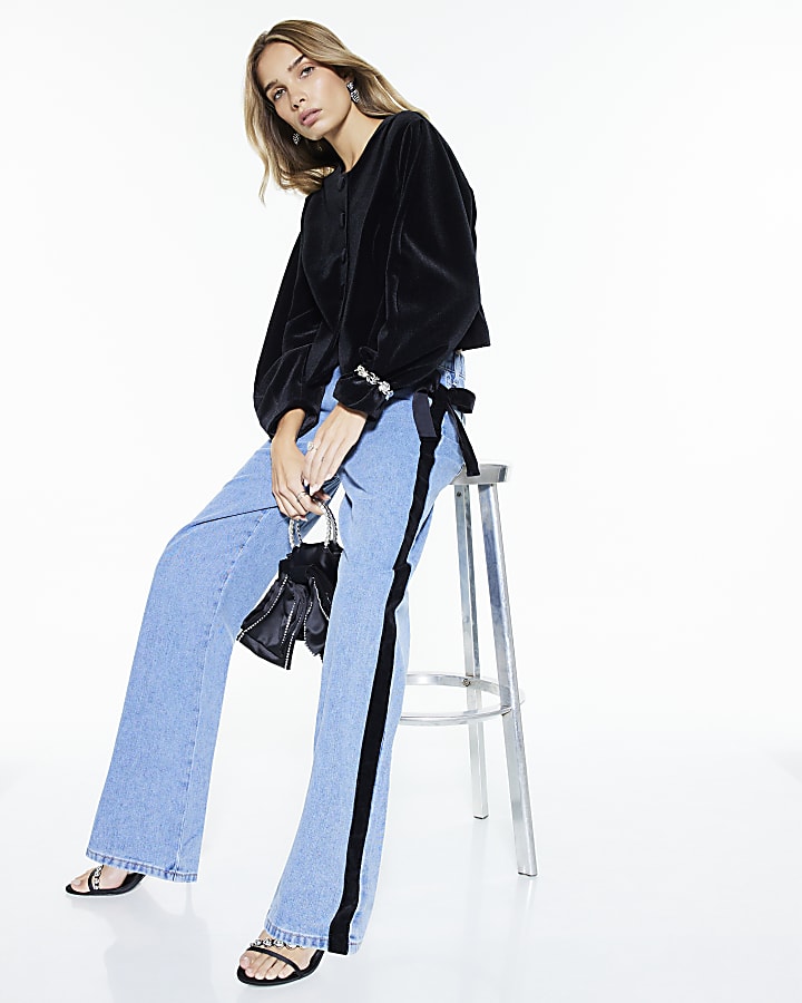 Blue Velvet Bow Relaxed Straight Jeans