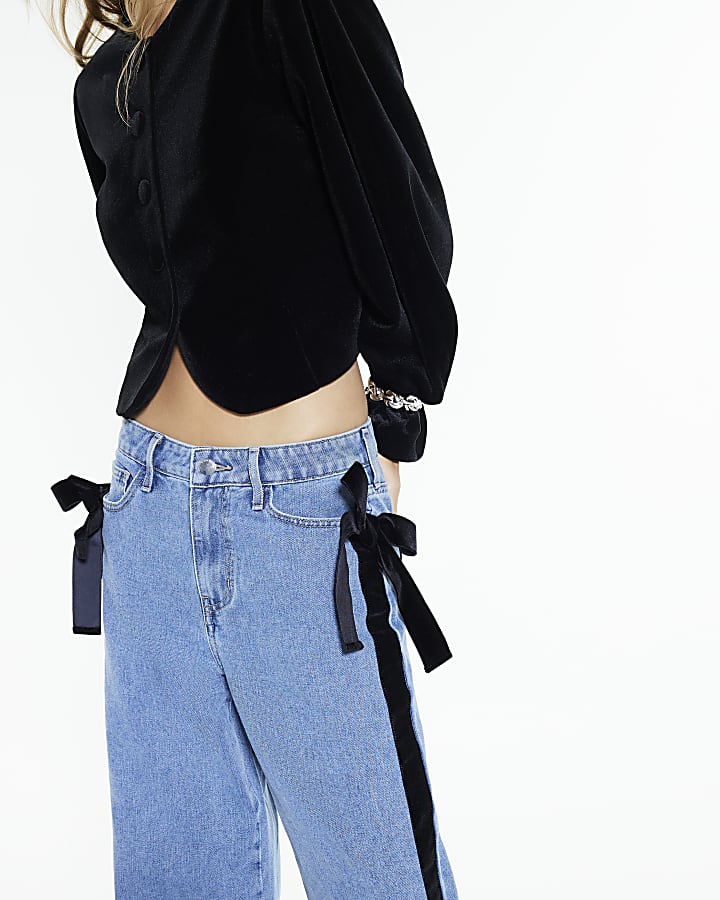 Blue Velvet Bow Relaxed Straight Jeans