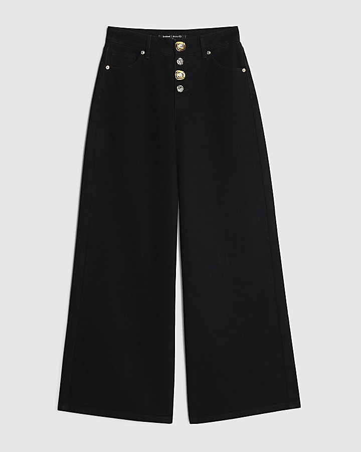 Black Embellished Button Front Palazzo Jeans