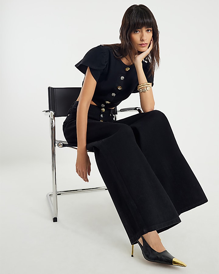 Black Embellished Button Front Palazzo Jeans