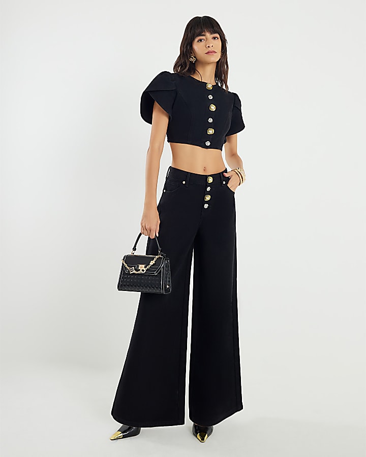 Black Embellished Button Front Palazzo Jeans