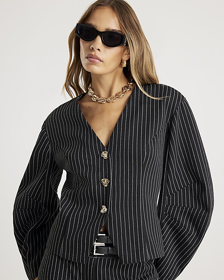 Navy Pinstripe Cocoon Sleeve Jacket
