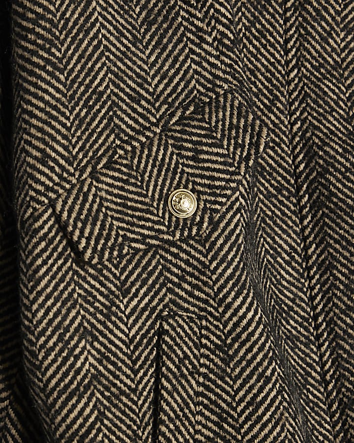 Brown Herringbone Faux Wool Bomber Jacket
