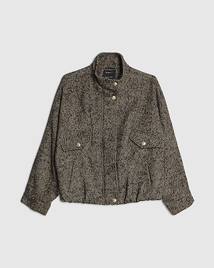 Brown Herringbone Faux Wool Bomber Jacket