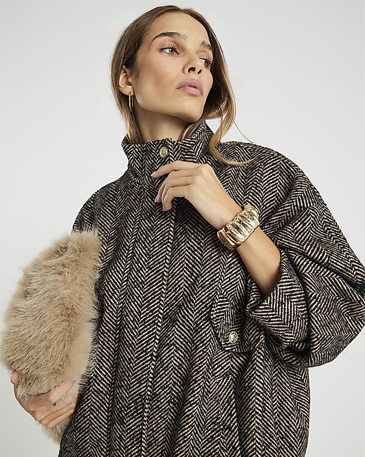 Brown Herringbone Faux Wool Bomber Jacket