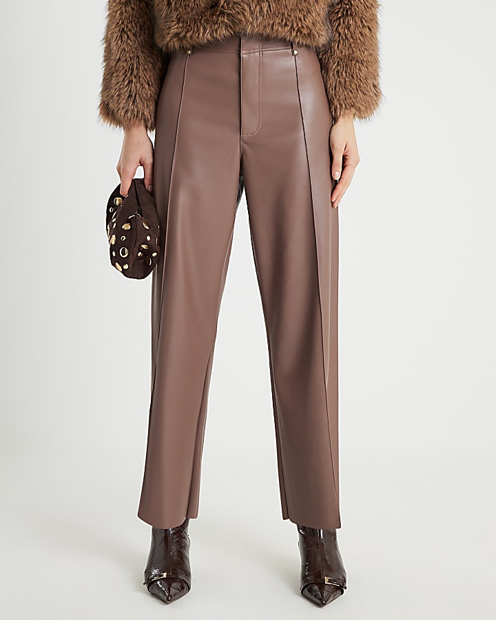Brown Faux Leather Cropped Trousers