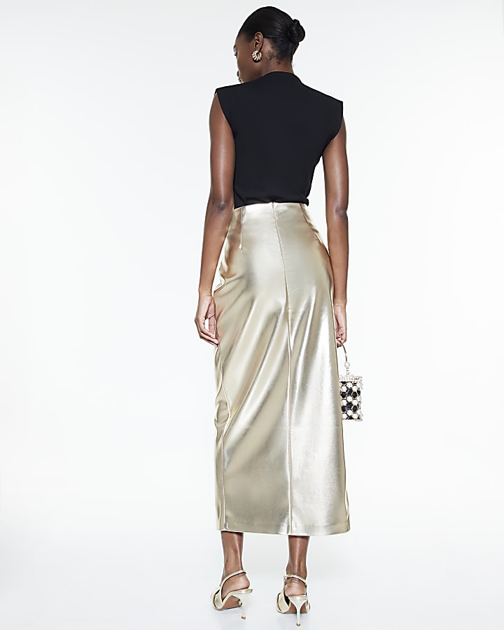 Gold Faux Leather Twist Side Midi Skirt