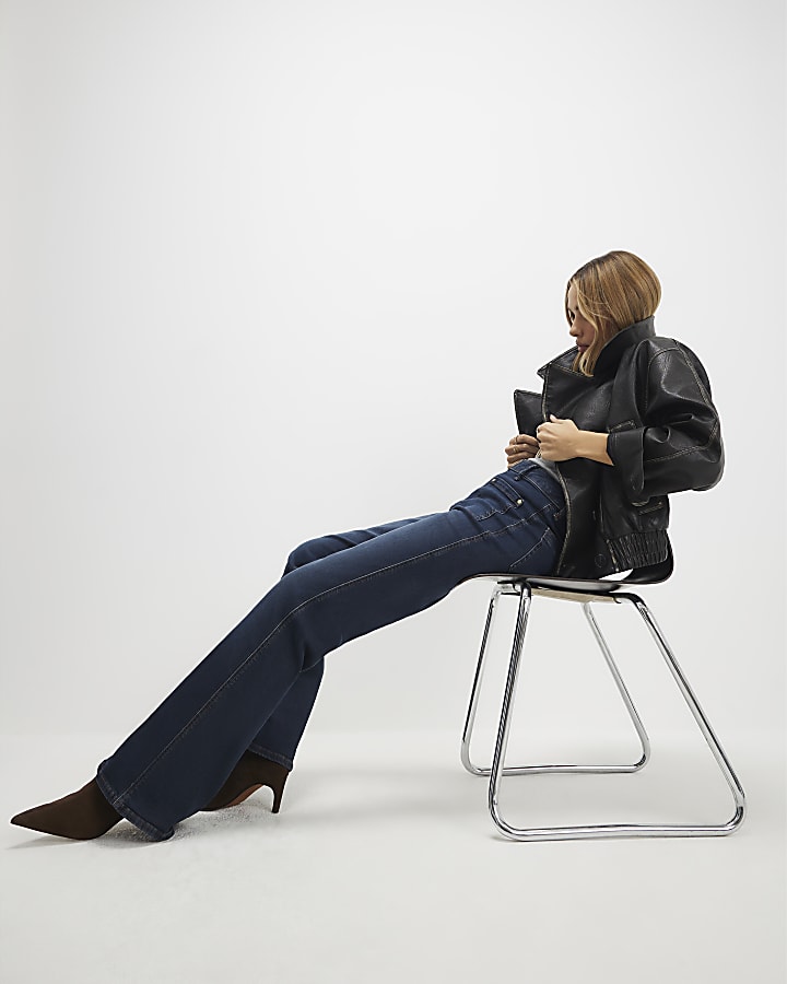 Blue zip up relaxed flare jeans