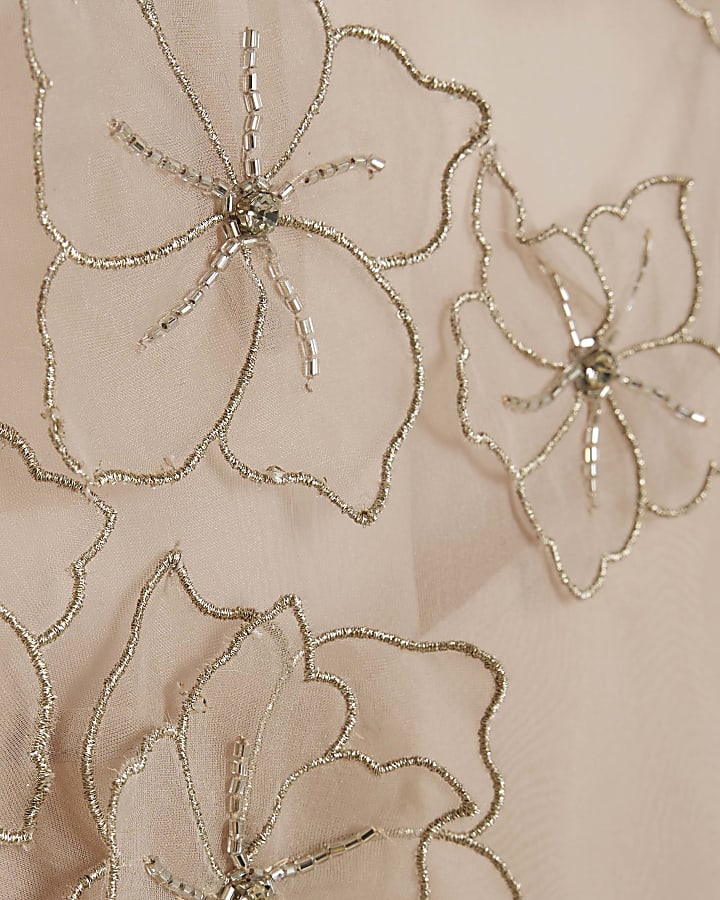 Pink Short Sleeve Embellished Flower Blouse