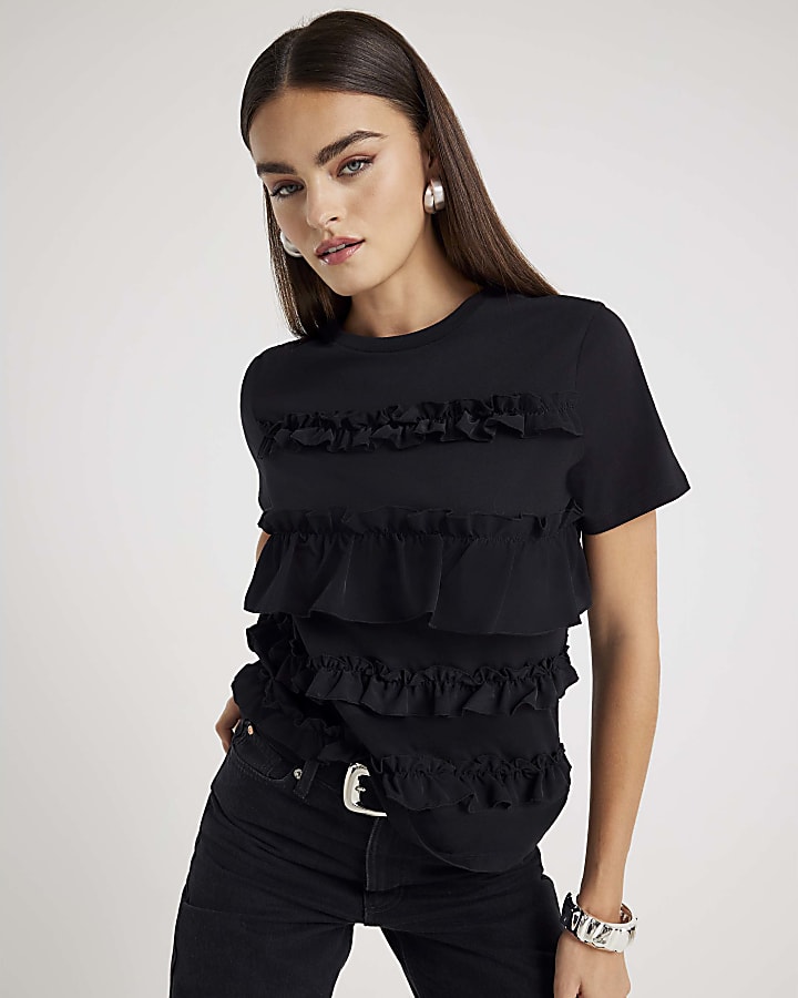 Black short sleeve Ruffle T-shirt