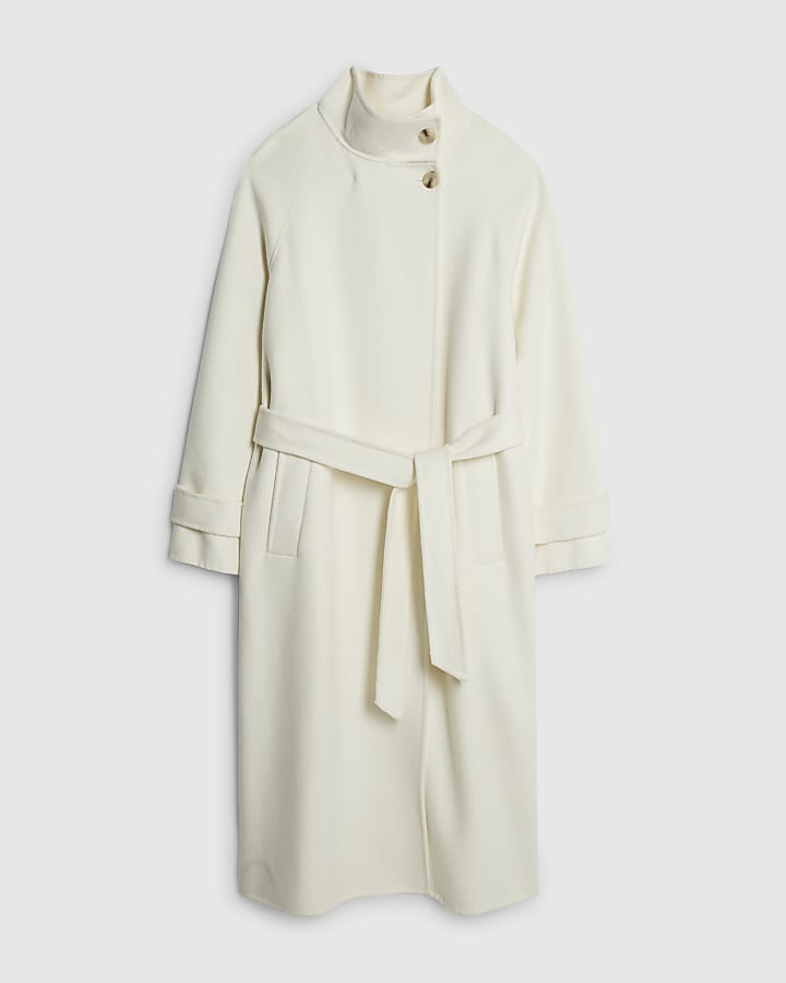 Cream Handmade wool blend Funnel Neck Coat