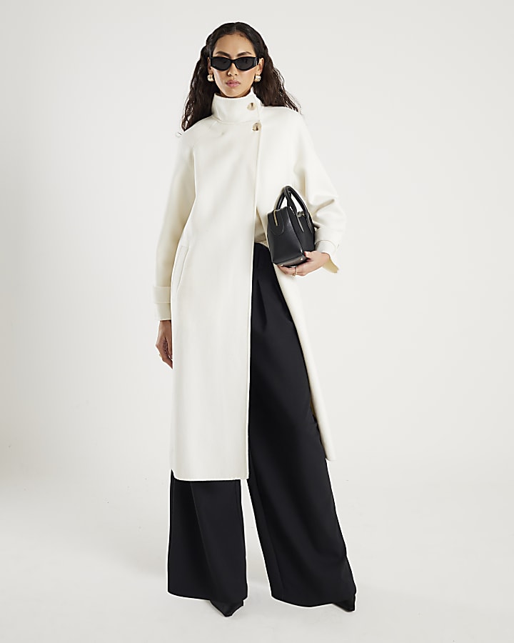 Cream Handmade wool blend Funnel Neck Coat