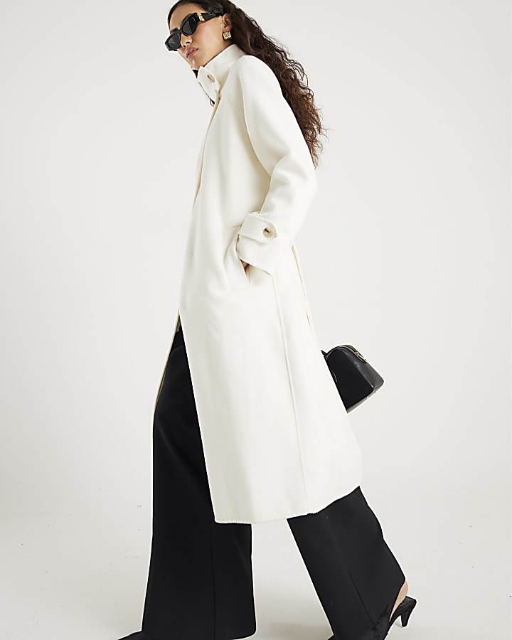 Cream Handmade wool blend Funnel Neck Coat