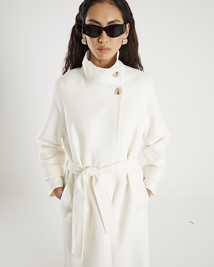 Cream Handmade wool blend Funnel Neck Coat