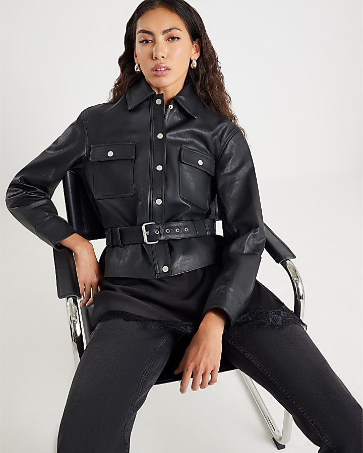 Black Leather Belted Long Sleeve Shirt