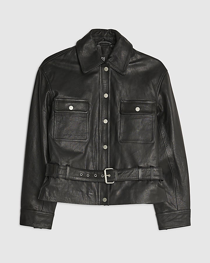 Black Leather Belted Long Sleeve Shirt
