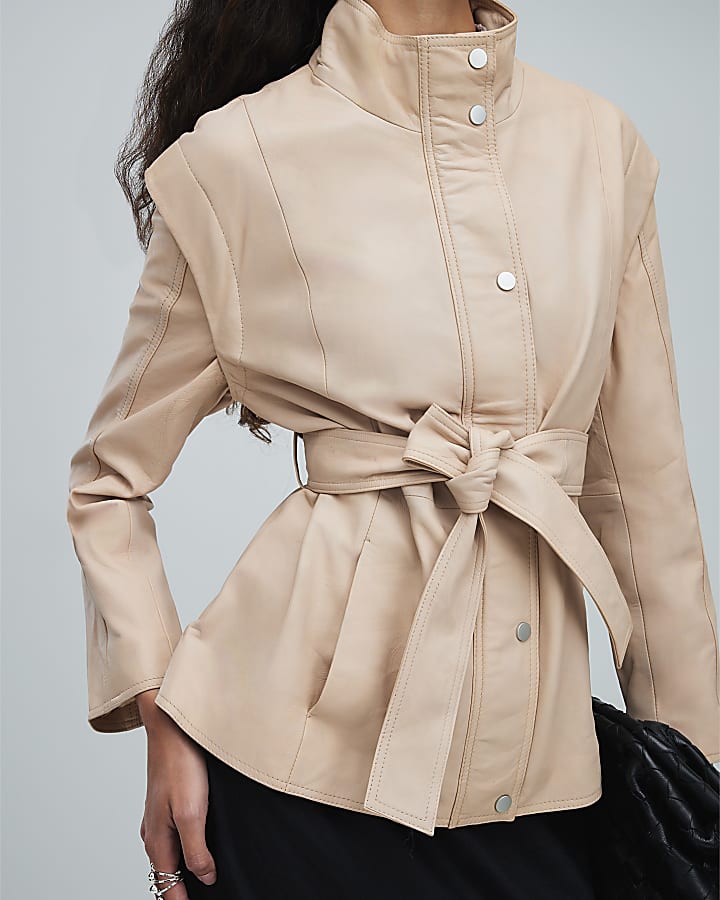 Pink Belted Funnel Neck Leather Jacket