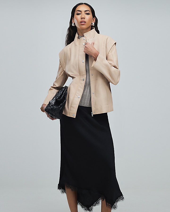 Pink Belted Funnel Neck Leather Jacket
