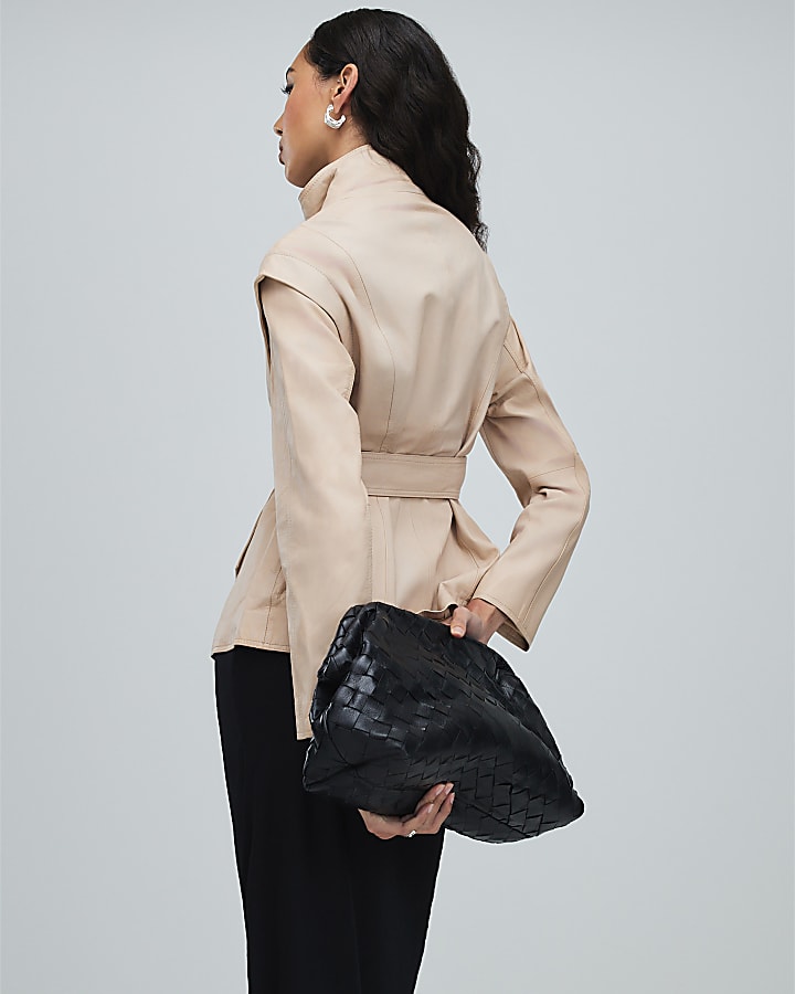Pink Belted Funnel Neck Leather Jacket
