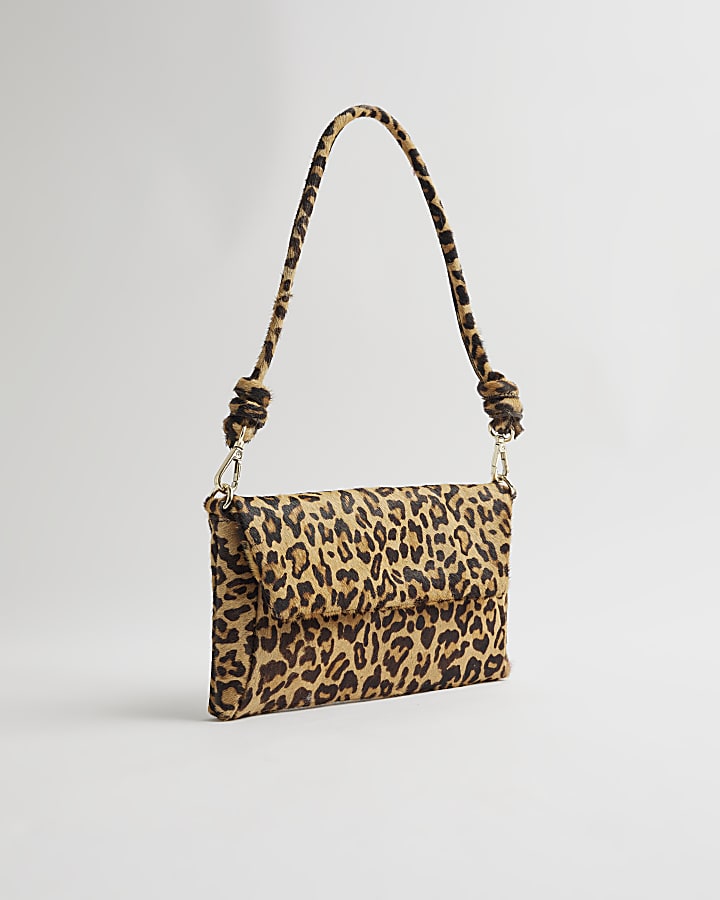 Brown Leather Leopard Knot Shoulder Bag