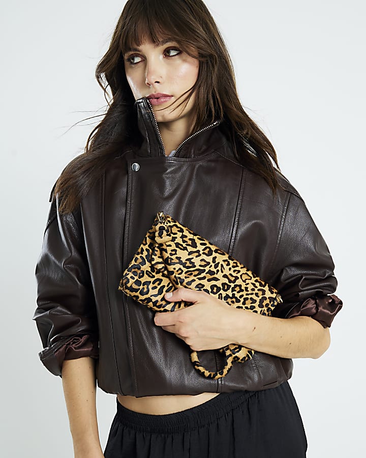 Brown Leather Leopard Knot Shoulder Bag
