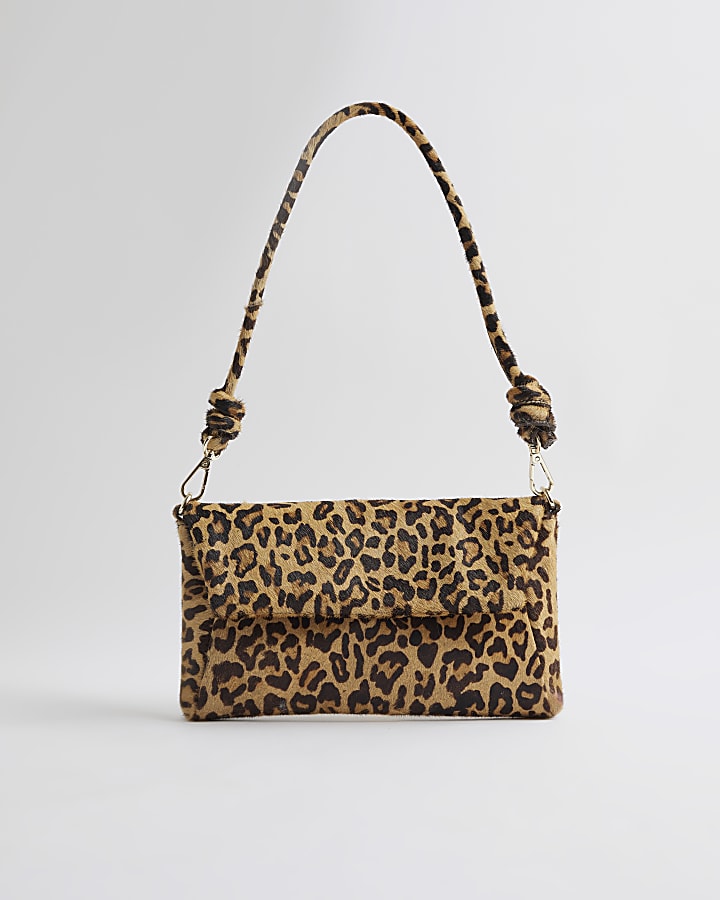 Brown Leather Leopard Knot Shoulder Bag