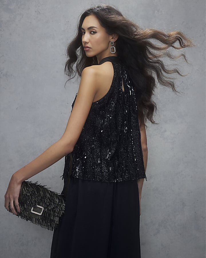 Black Sequin Embellished Halter Neck Top