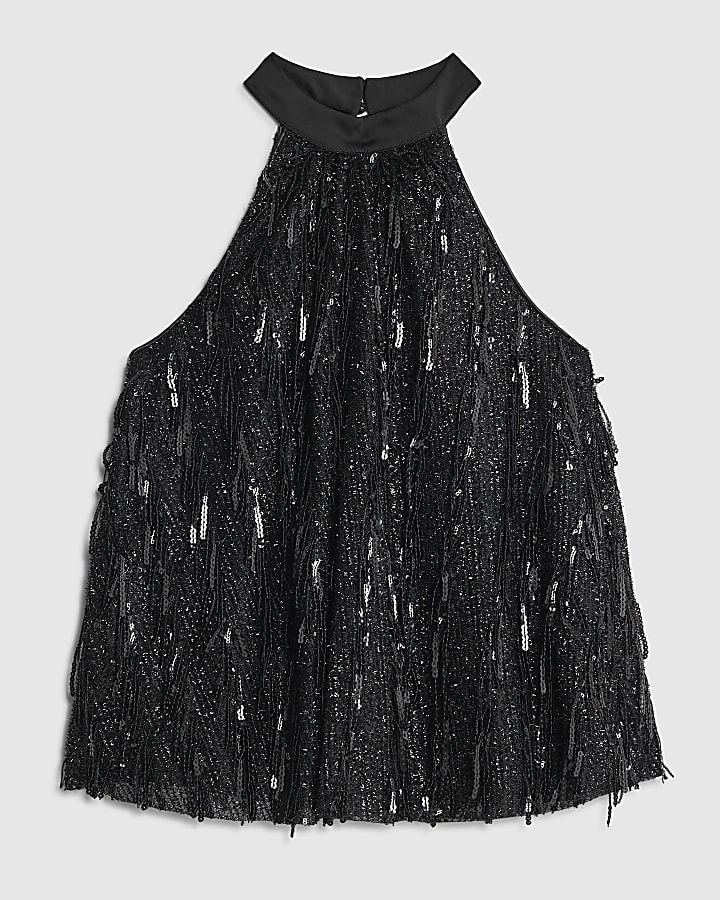 Black Sequin Embellished Halter Neck Top