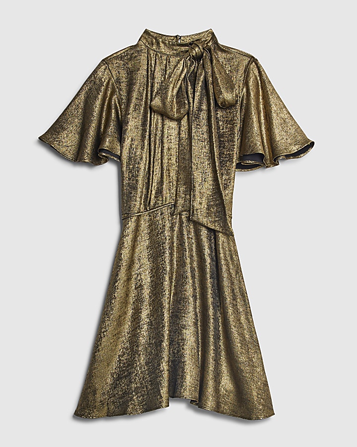 Gold metallic Pussybow Flippy Dress