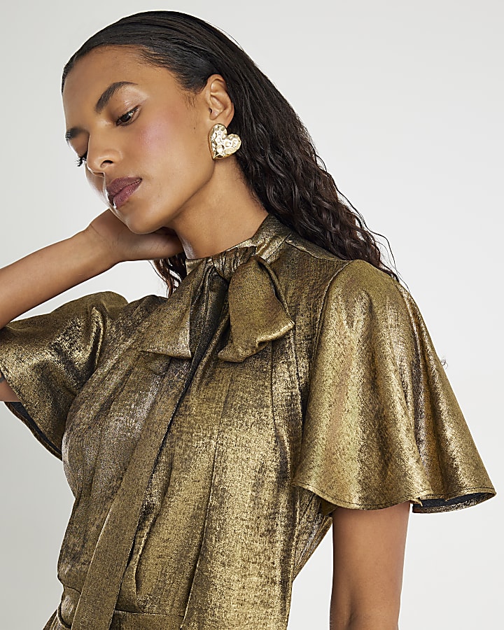 Gold metallic Pussybow Flippy Dress