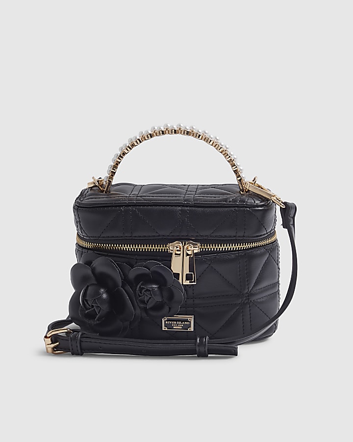 Black Quilted Pearl Handle Vanity Bag