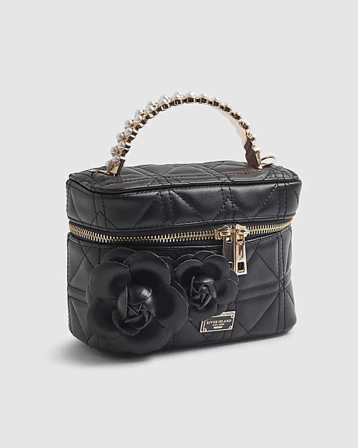 Black Quilted Pearl Handle Vanity Bag
