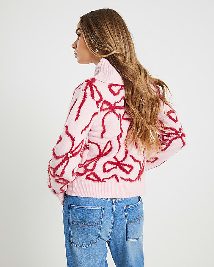 Pink Roll Neck Bow Pearl Jumper