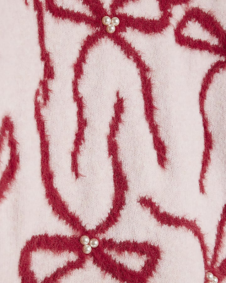 Pink Roll Neck Bow Pearl Jumper