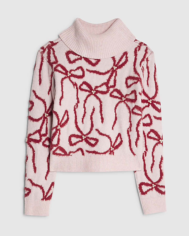 Pink Roll Neck Bow Pearl Jumper