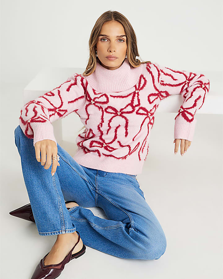 Pink Roll Neck Bow Pearl Jumper