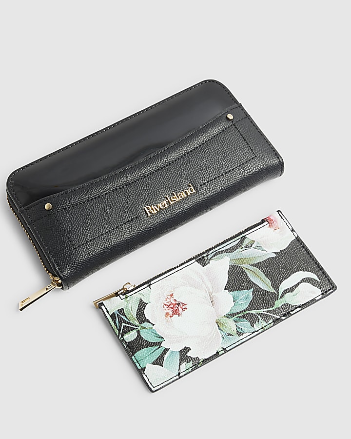 Black Floral Pocket Zip Around Purse