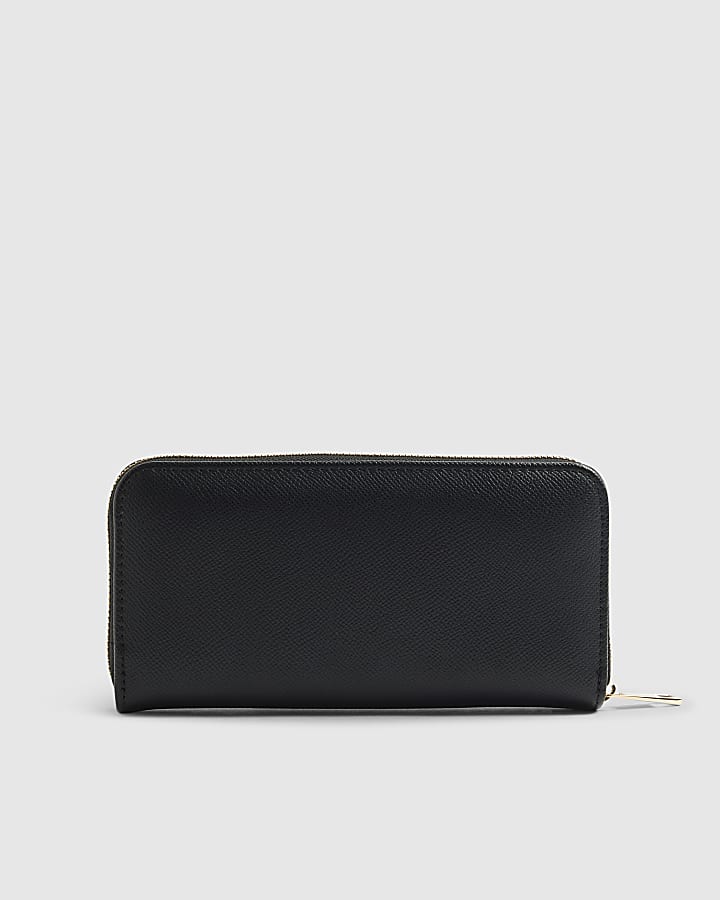 Black Floral Pocket Zip Around Purse