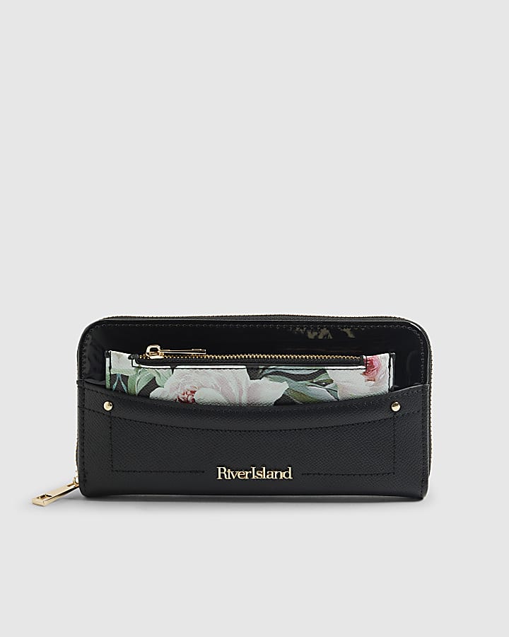 Black Floral Pocket Zip Around Purse