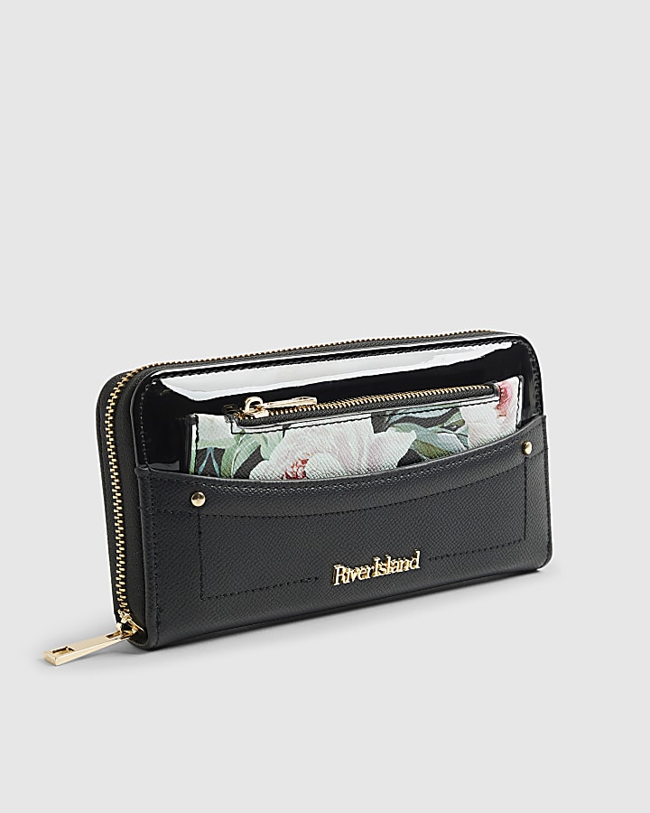 Black Floral Pocket Zip Around Purse