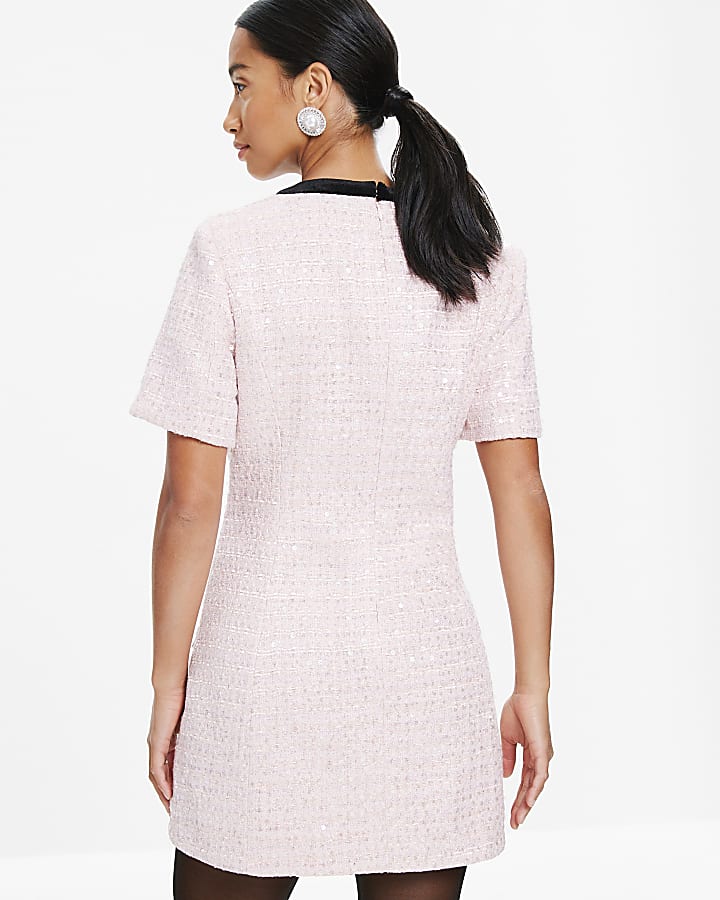 Petite Pink Bow Front Boucle Mini Dress