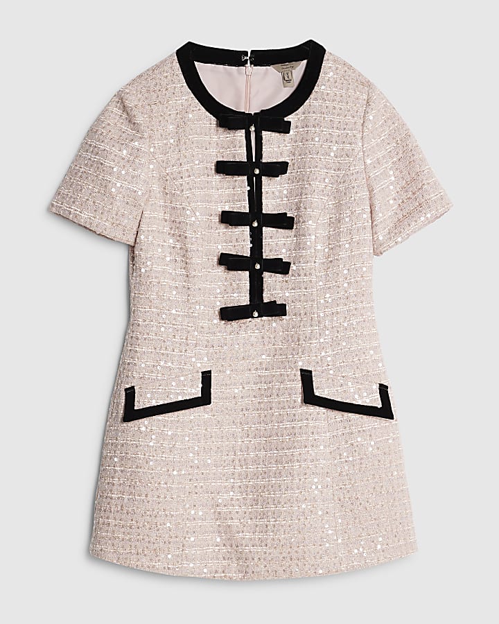 Petite Pink Bow Front Boucle Mini Dress