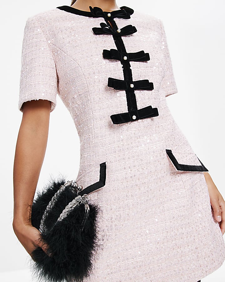 Petite Pink Bow Front Boucle Mini Dress