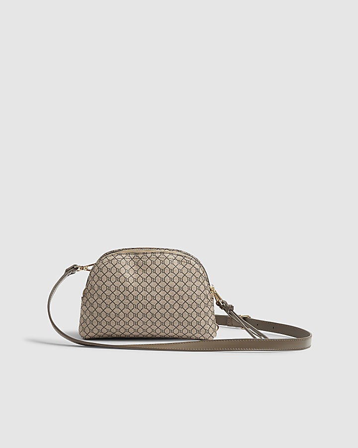 Beige Monogram Curved Top Cross Body Bag