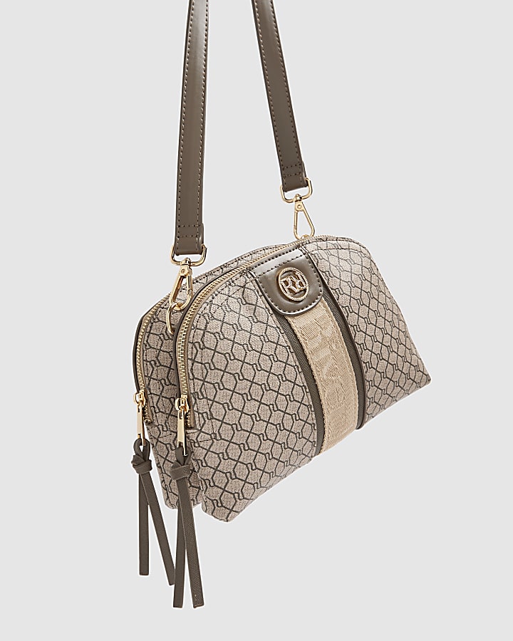 Beige Monogram Curved Top Cross Body Bag